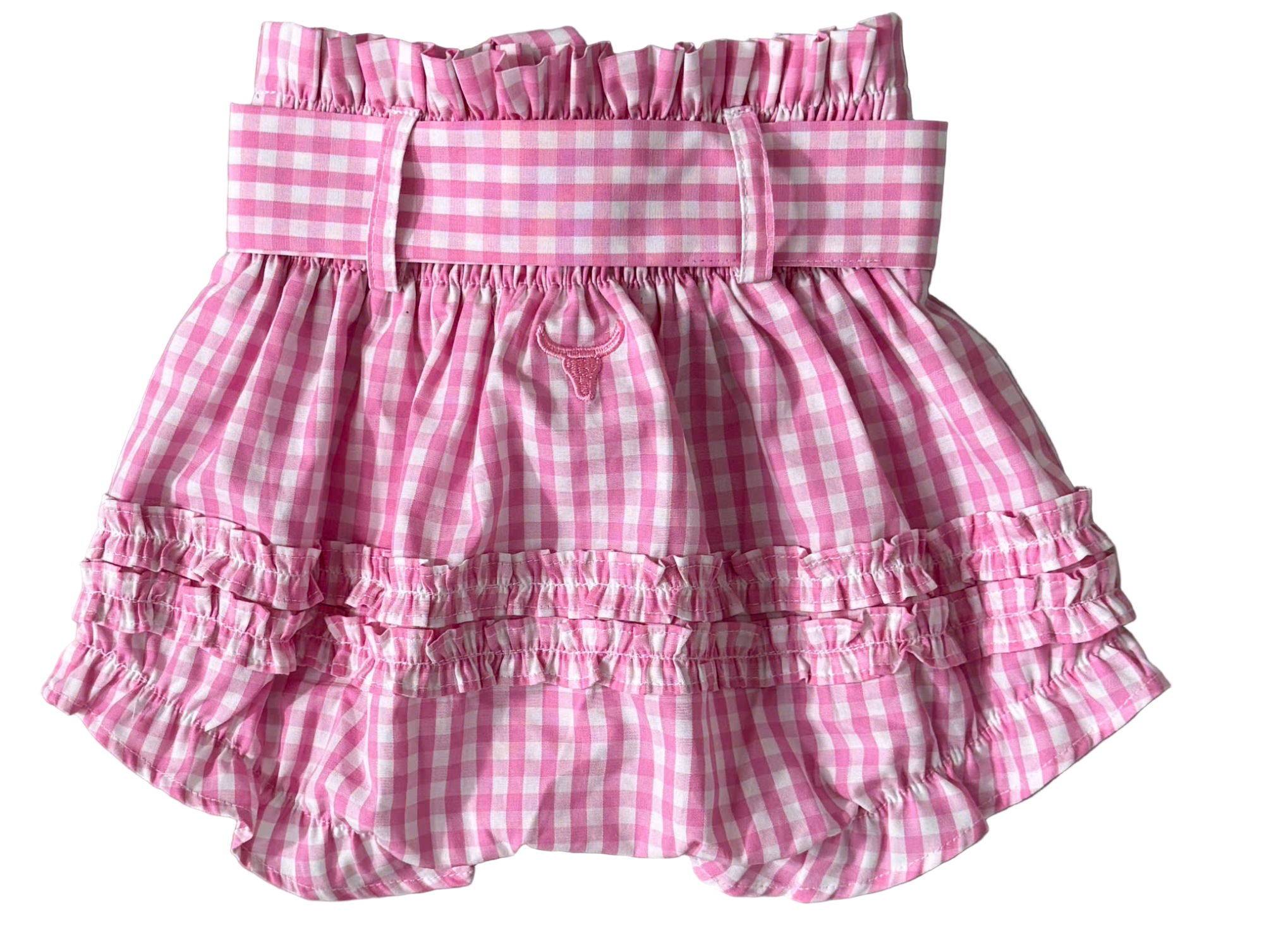 Rhiannon pink gingham baby bloomers fabric close-up showing quality pink gingham check weave