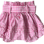 Rhiannon pink gingham baby bloomers fabric close-up showing quality pink gingham check weave