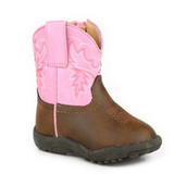 Cowbaby Grenchen tan and pink roper boots showing adorable tan with pink detail cowboy boots for babies