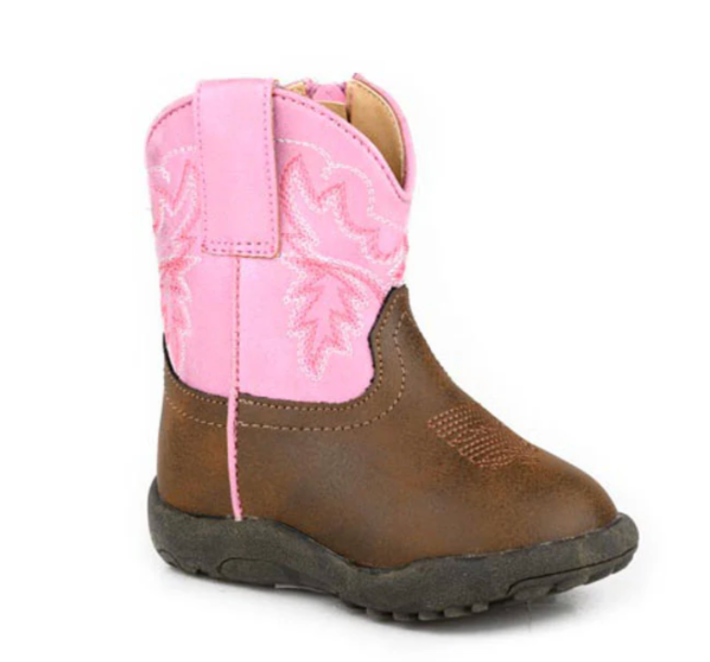 Cowbaby Grenchen tan and pink roper boots showing adorable tan with pink detail cowboy boots for babies