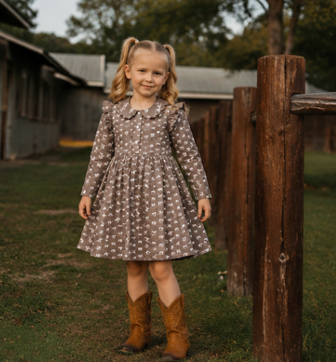 Miley horse print chocolate dress back view showing relaxed women's fit in chocolate horse print