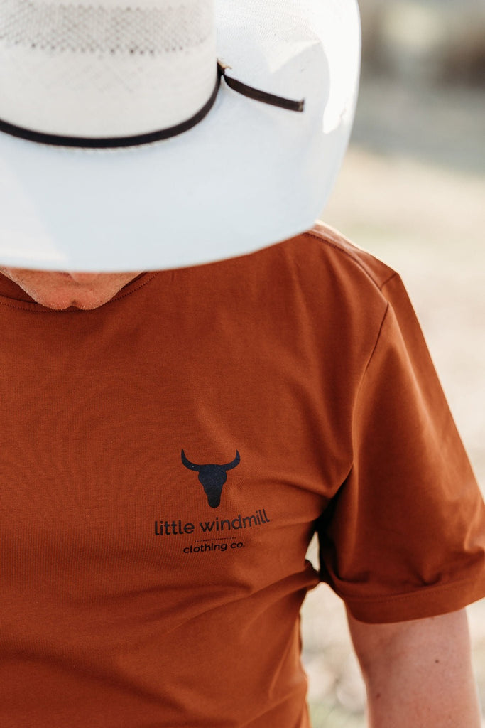 Printed LWCC Men's Tee - Rust *LIMITED TRIAL-Little Windmill Clothing Co