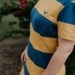 Arabella semi-fitted women's stripe tee dress hem detail showing quality finish and length