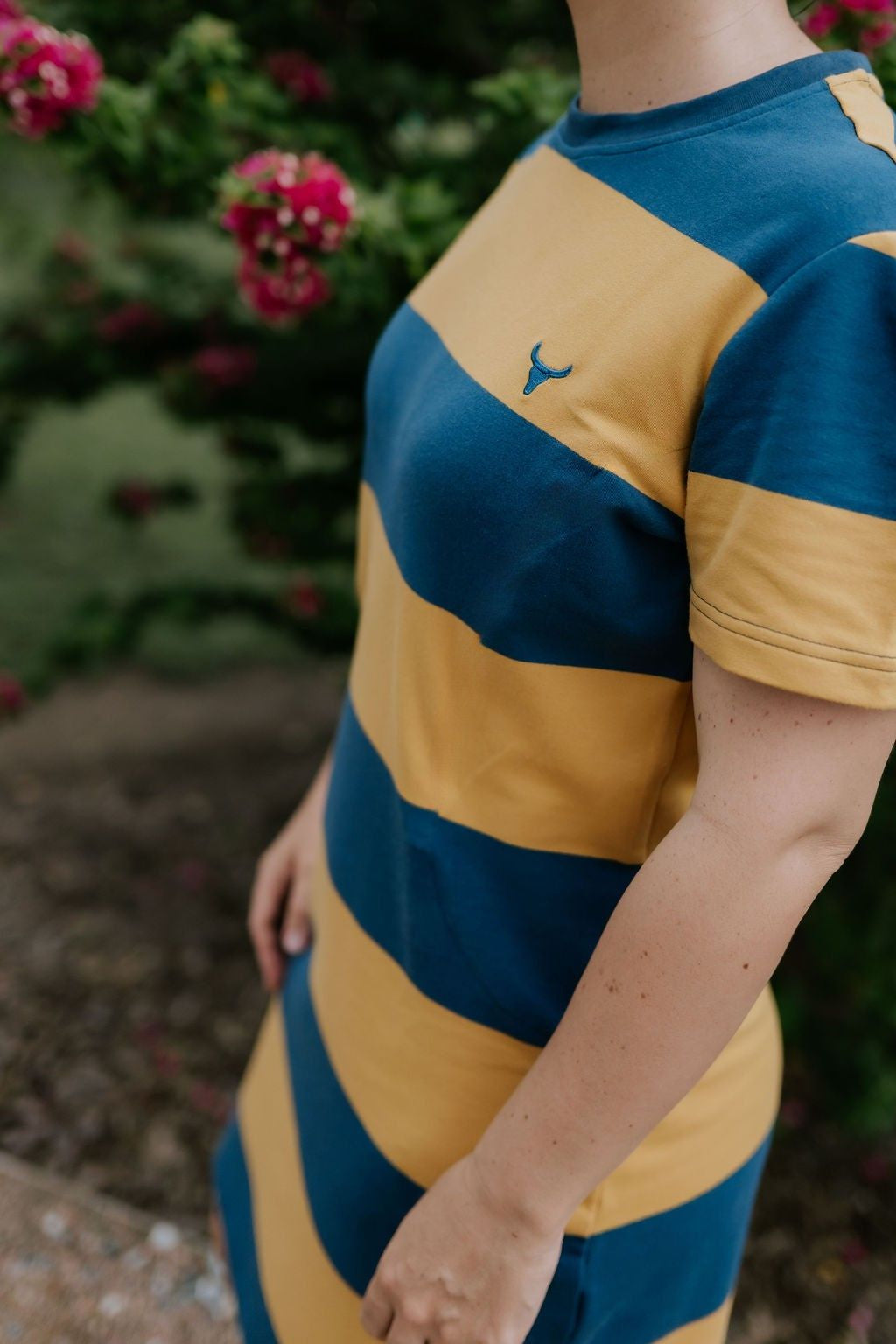 Arabella semi-fitted women's stripe tee dress hem detail showing quality finish and length