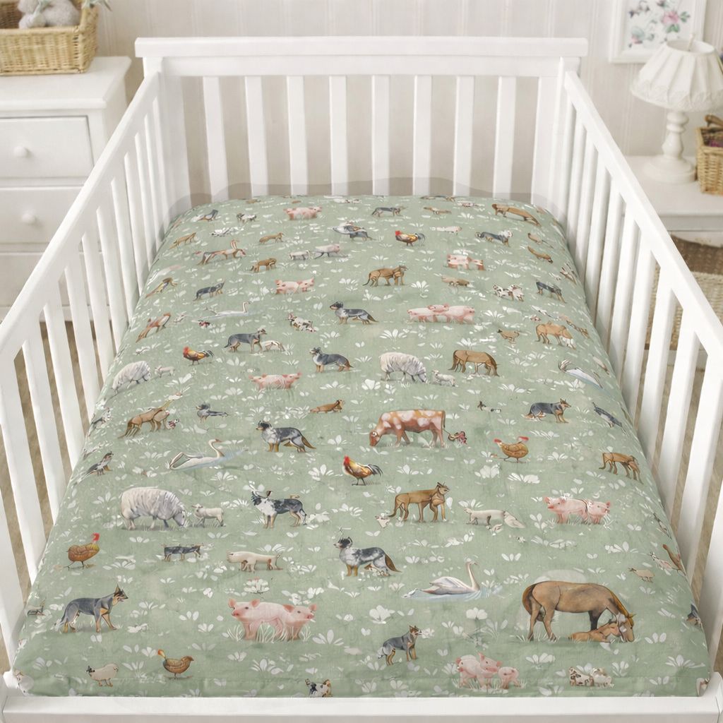 Country Outback fitted cot sheet flatlay showing full country outback print and elastic edge
