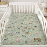 Country Outback fitted cot sheet flatlay showing full country outback print and elastic edge