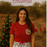 Kids Western Christmas PJ set front detail showing fun festive western Christmas design