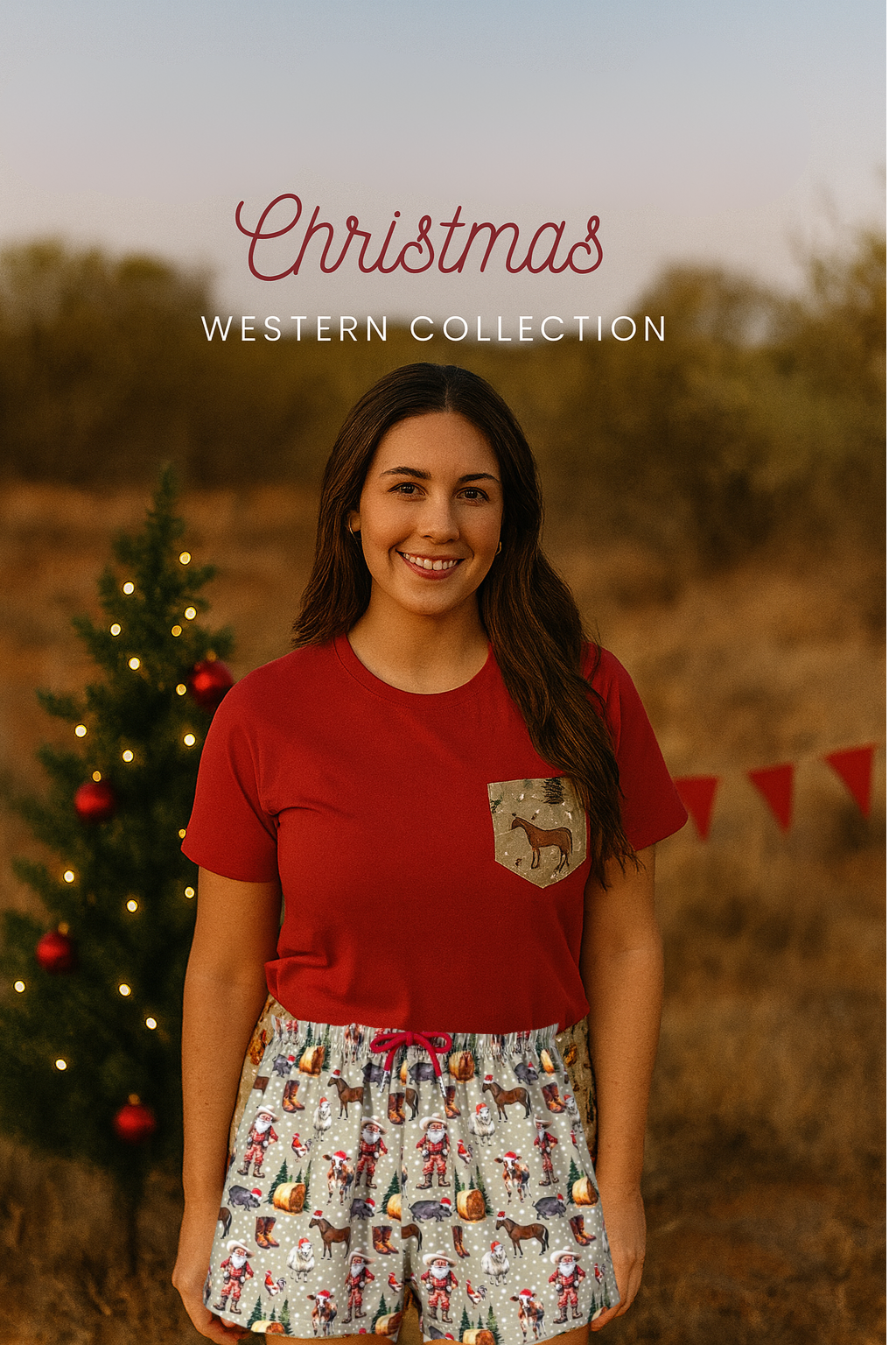 Kids Western Christmas PJ set front detail showing fun festive western Christmas design