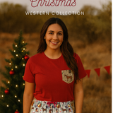 Kids Western Christmas PJ set front detail showing fun festive western Christmas design