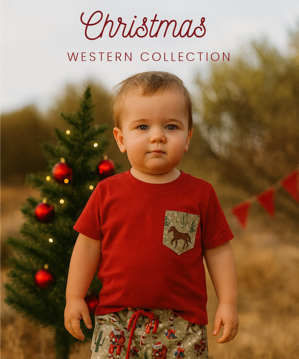 Kids Western Christmas PJ set flatlay showing festive western print long sleeve top and pants