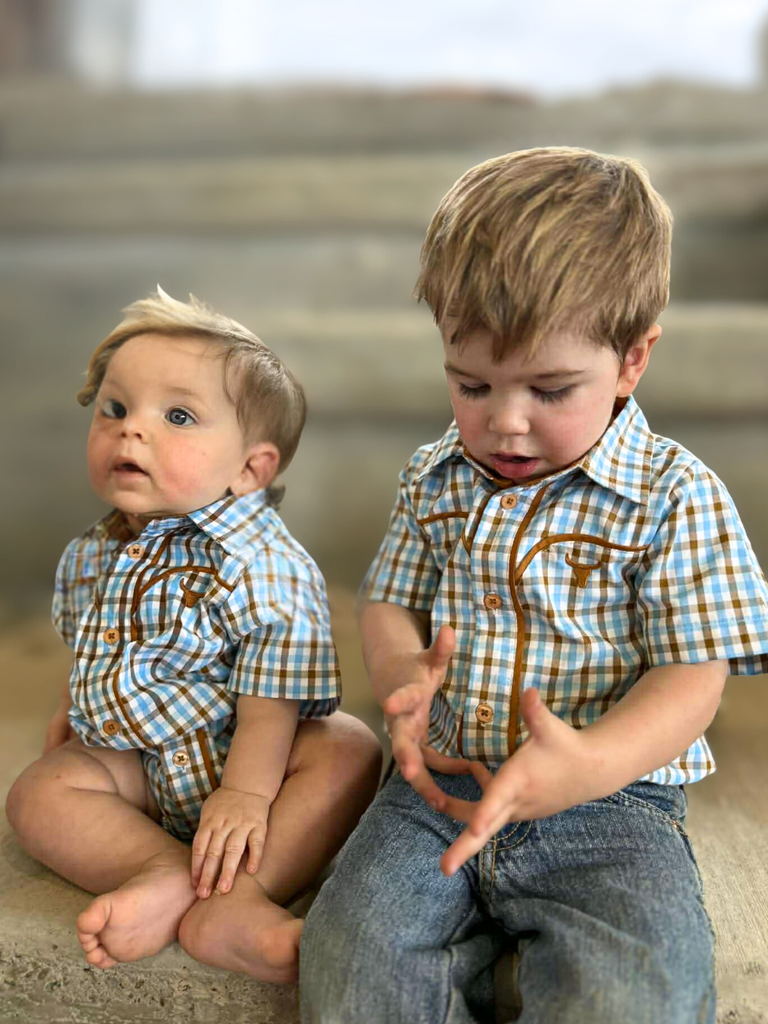 "Denver" Baby Blue Gingham Short Sleeve Romper-Little Windmill Clothing Co