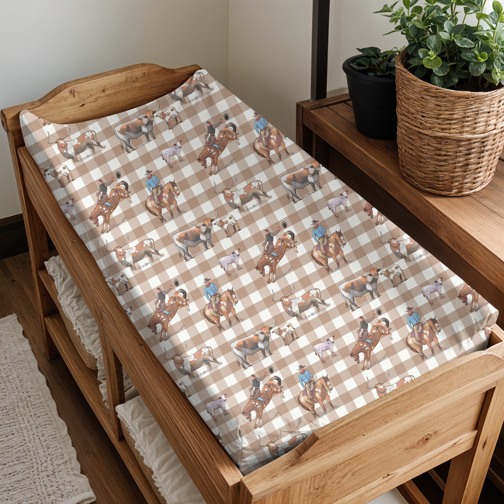 Cowboy Up 2in1 bassinet and change table cover front view showing cowboy up print reversible nursery cover