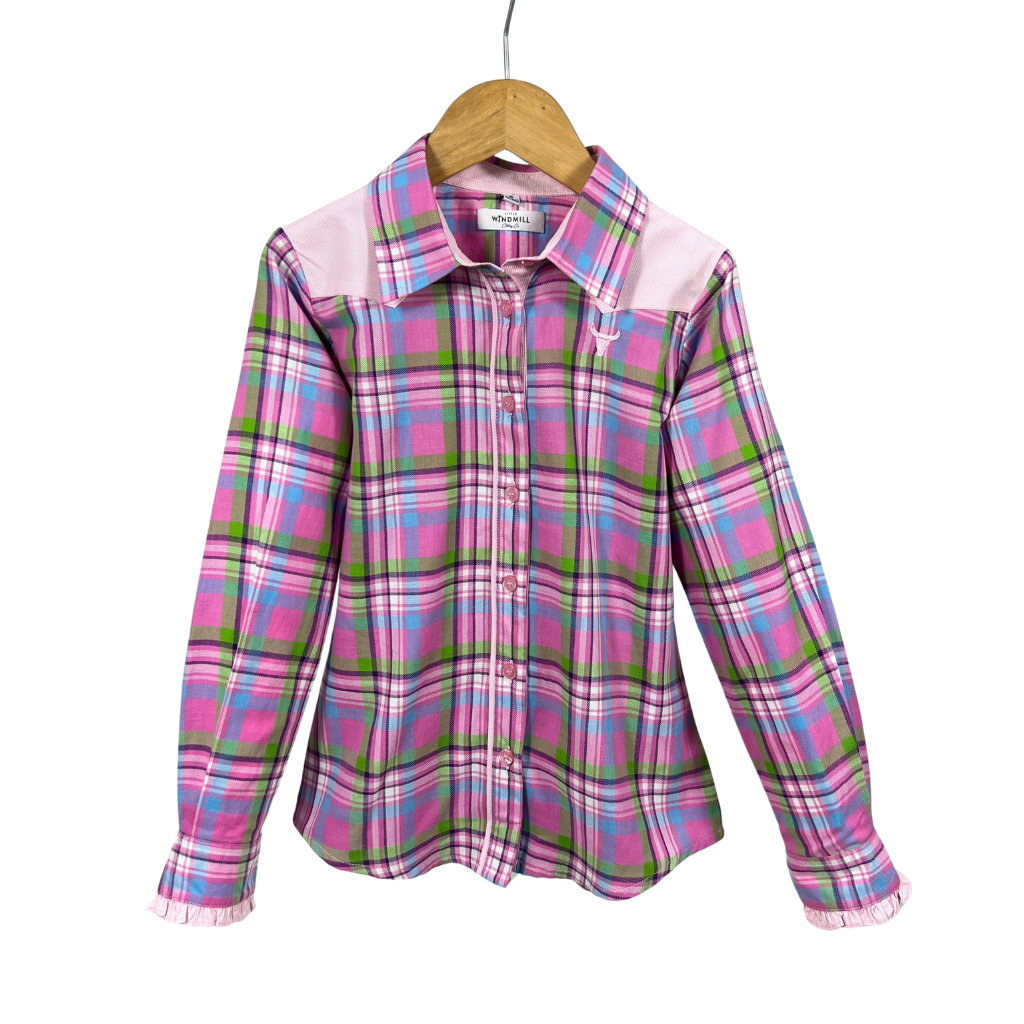 "Willow" Pink Checked Yoke Western Long Sleeve Shirt-Little Windmill Clothing Co