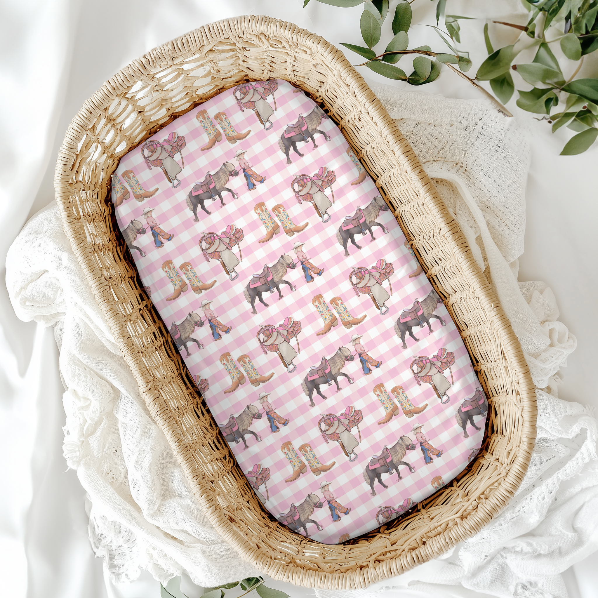 Cowgirl Life 2in1 bassinet and change table cover front view showing cowgirl life print reversible nursery cover