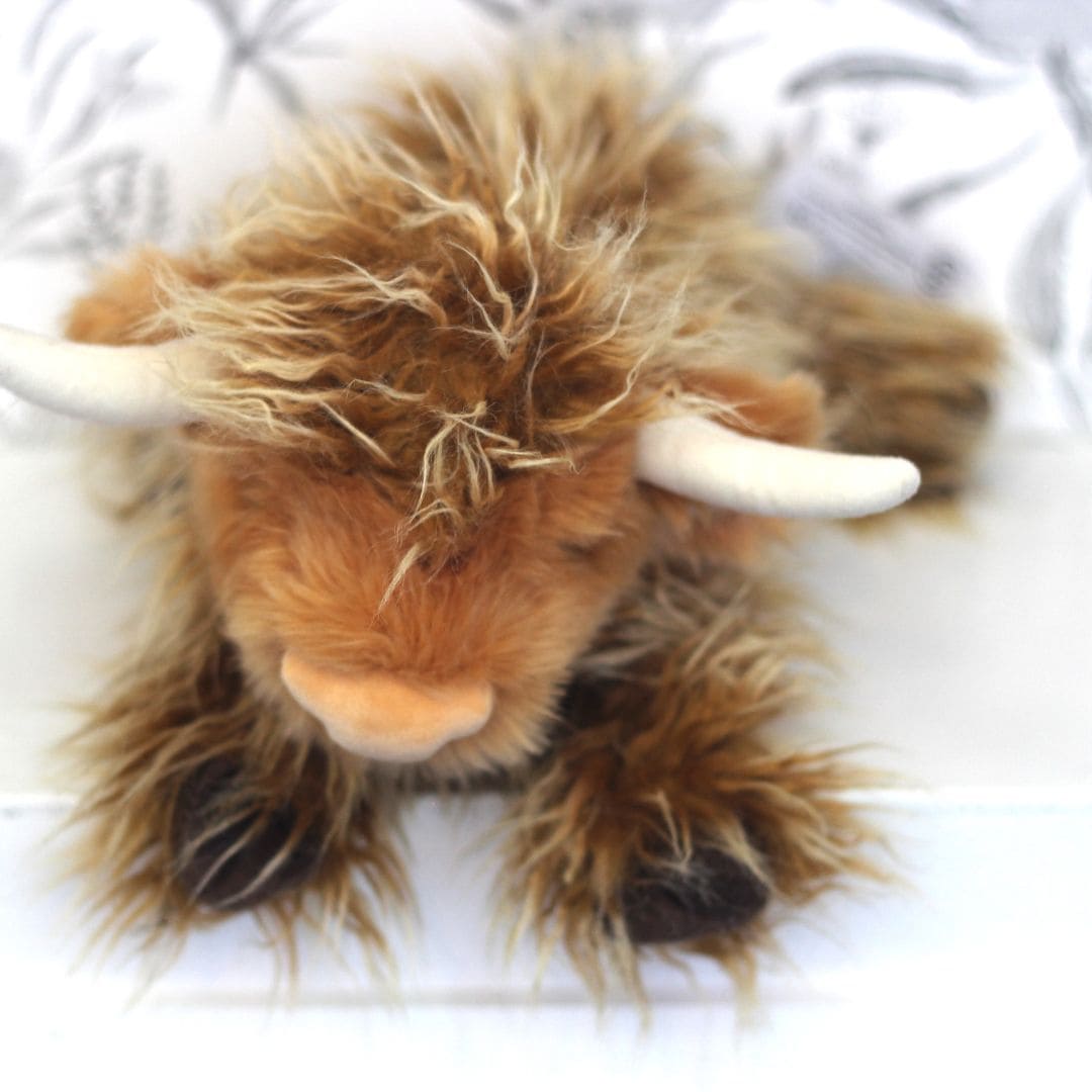 Wallace soft Highland Cow plush held by child showing cuddly compact size, safe for babies