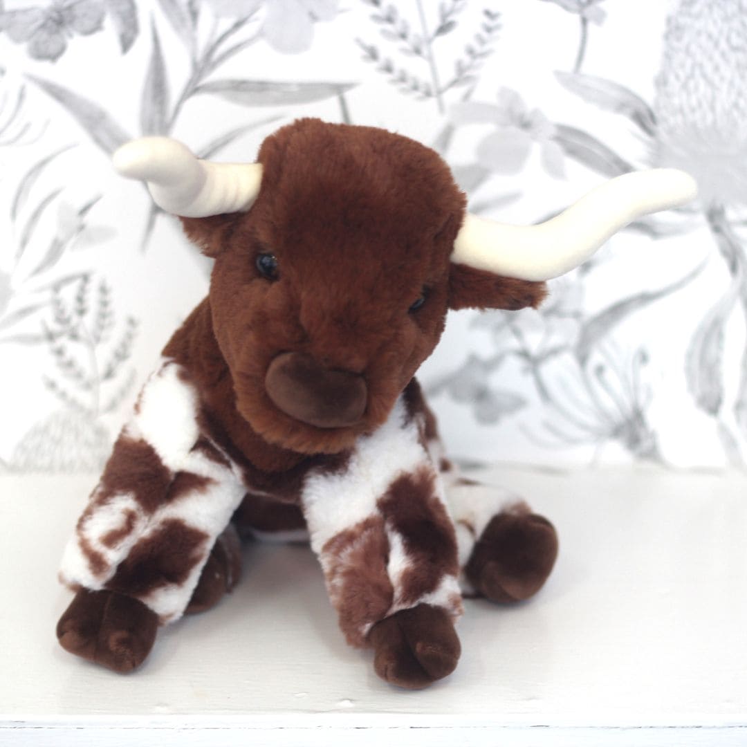 Bixbie soft Texas Long Horn plush on display, soft hypo-allergenic fill safe for babies and toddlers