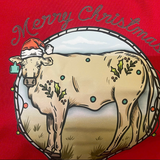 Western printed Christmas cow tee print close-up showing detailed festive cow and Christmas motifs
