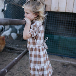 Little girl in a brown gingham tiered dress at the pony pen