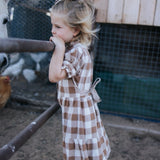 Little girl in a brown gingham tiered dress at the pony pen