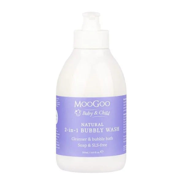 MooGoo Baby 2-in-1 Bubbly Wash pump bottle front showing natural ingredient list on label