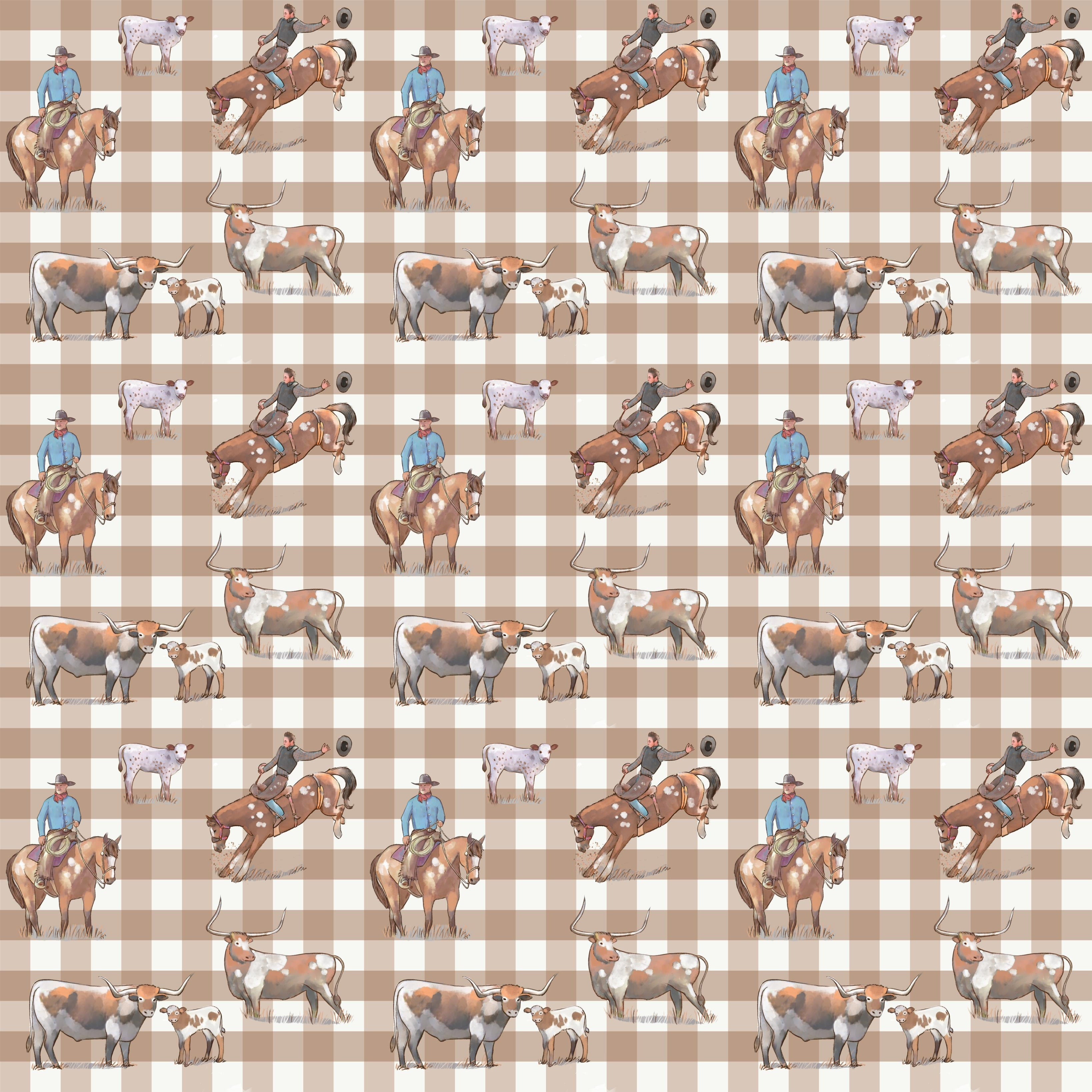 Cowboy Up fitted cot sheet flatlay showing full cowboy print design and elastic edge