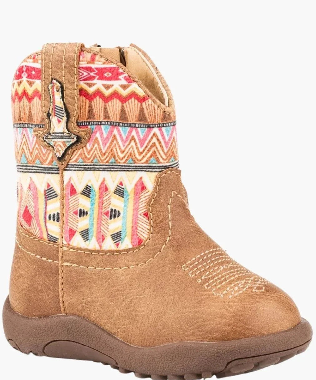 Cowbaby Azteca Roper Boots for babies with tan vintage leather and extra grip soles