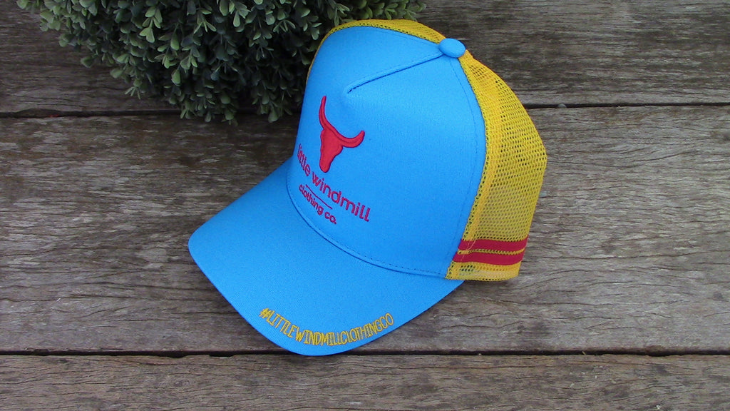 Little Toddlers / Youth Kids Blue & Yellow Trucker Caps-Little Windmill Clothing Co