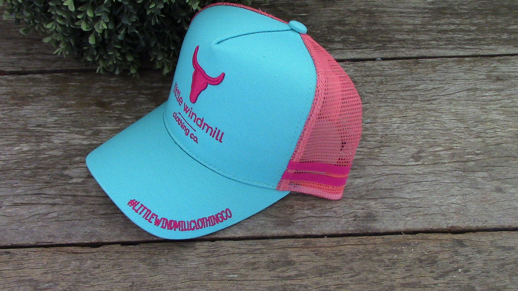 Little Toddlers / Youth Kids Pink & Turquoise Trucker Caps-Little Windmill Clothing Co