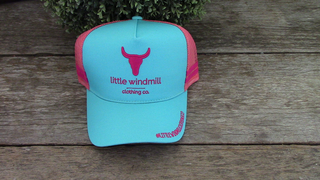 Little Toddlers / Youth Kids Pink & Turquoise Trucker Caps-Little Windmill Clothing Co