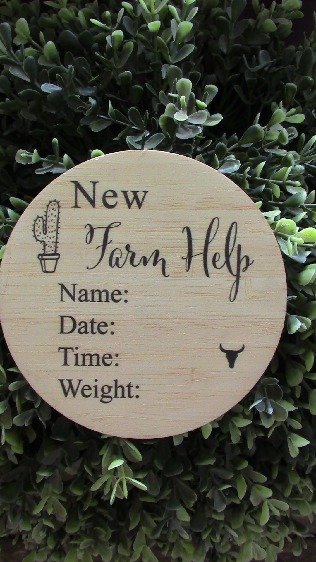 Wooden New Farm Help Announcement plaque engraved on pine with name, date, time, and weight fields