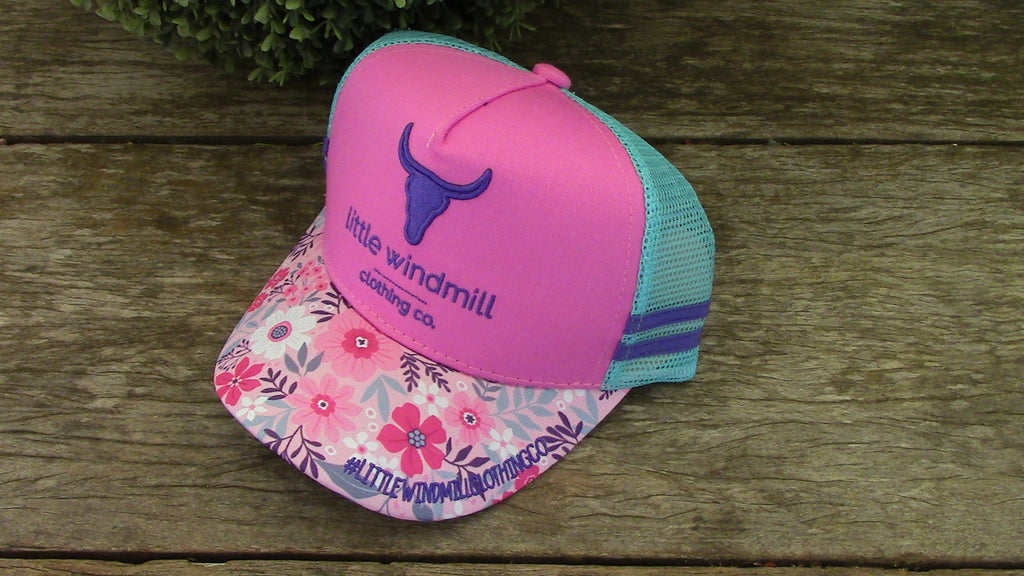 Little Toddlers / Youth Kids Dusty Pink Floral Trucker Caps-Little Windmill Clothing Co