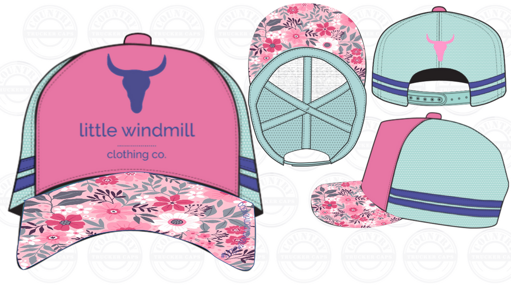 PREORDER Little Toddlers / Youth Kids Dusty Pink Floral Trucker Caps-Little Windmill Clothing Co