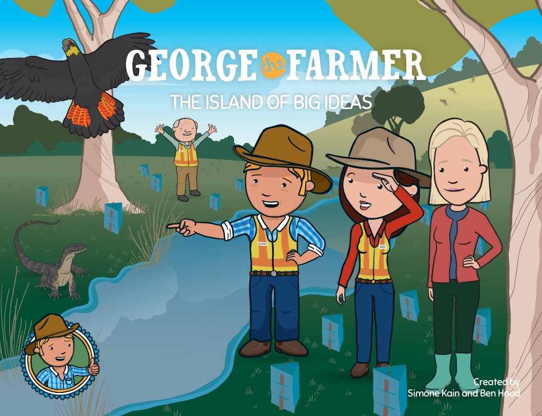 George the Farmer book cover showing characters on an island with wildlife and soil improvement signs