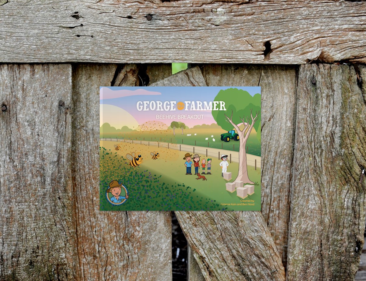 George the Farmer Bee Hive Breakout children's book cover on wooden background with bees and family illustration