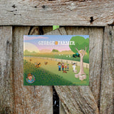 George the Farmer Bee Hive Breakout children's book cover on wooden background with bees and family illustration