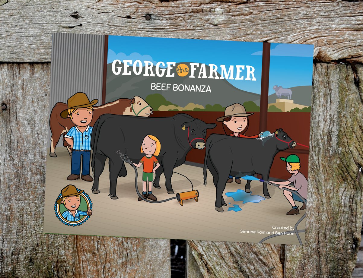 George the Farmer book cover showing farmers and children with cattle at a beef show, cartoon illustration