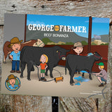 George the Farmer book cover showing farmers and children with cattle at a beef show, cartoon illustration