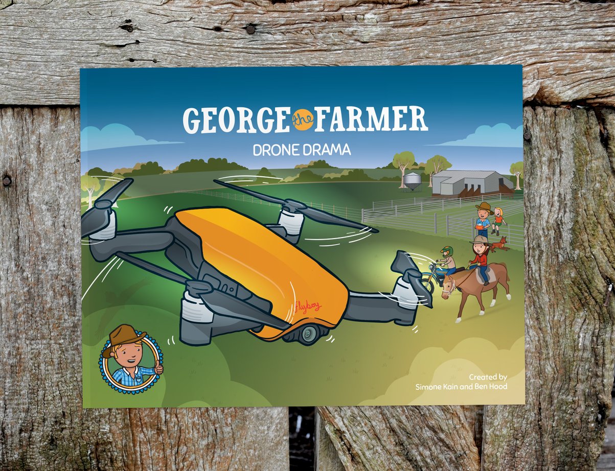 George the Farmer children's book cover featuring a drone flying over a farm with riders and animals in the background