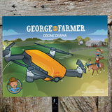 George the Farmer children's book cover featuring a drone flying over a farm with riders and animals in the background