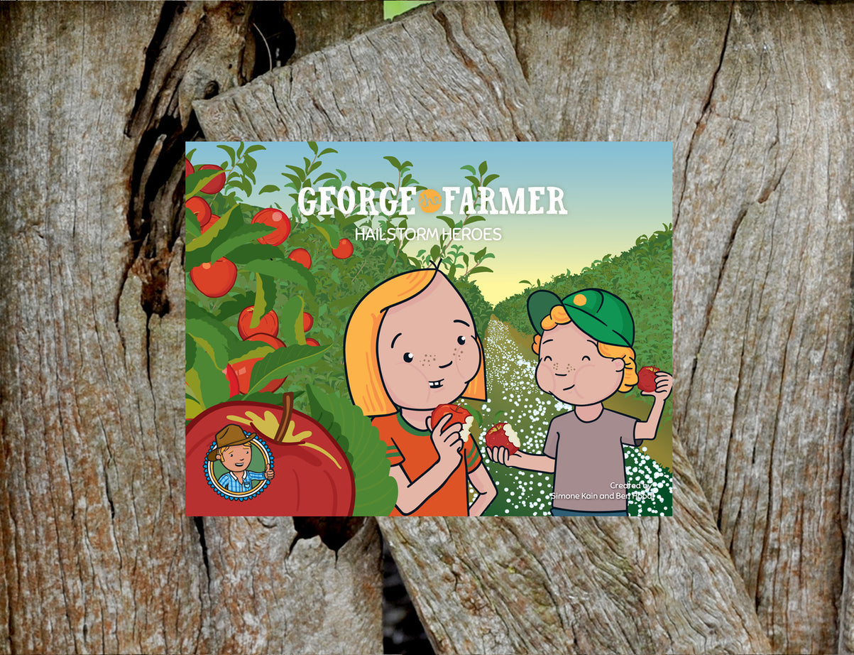 George the Farmer children's book cover showing two kids eating apples in an orchard during a sunny day