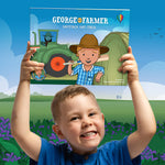 Child holding George the Farmer Haystack Hat Trick book outdoors smiling