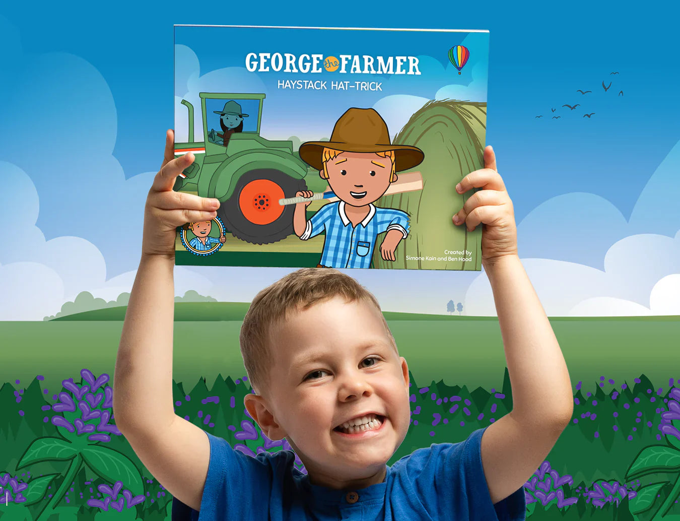 Child holding George the Farmer Haystack Hat Trick book outdoors smiling