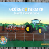 George the Farmer children's book cover showing a tractor planting wheat crop on a farm field at sunrise
