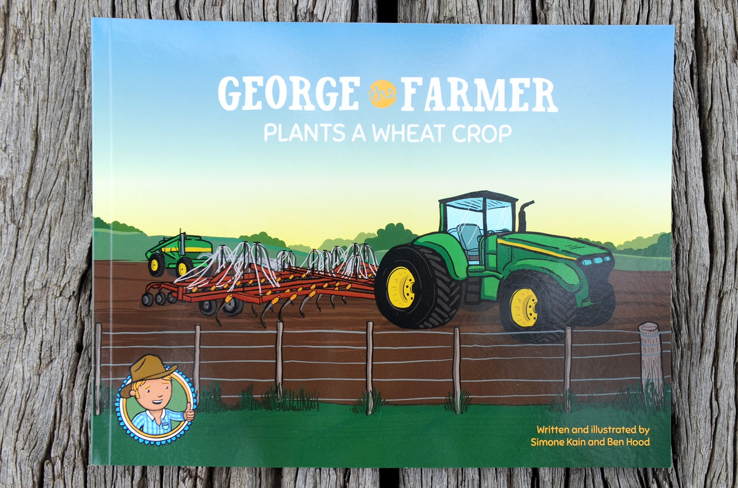George the Farmer children's book cover showing a tractor planting wheat crop on a farm field at sunrise
