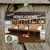 Cover of George the Farmer shearing a sheep with cartoon shearers and sheep in a wool shed