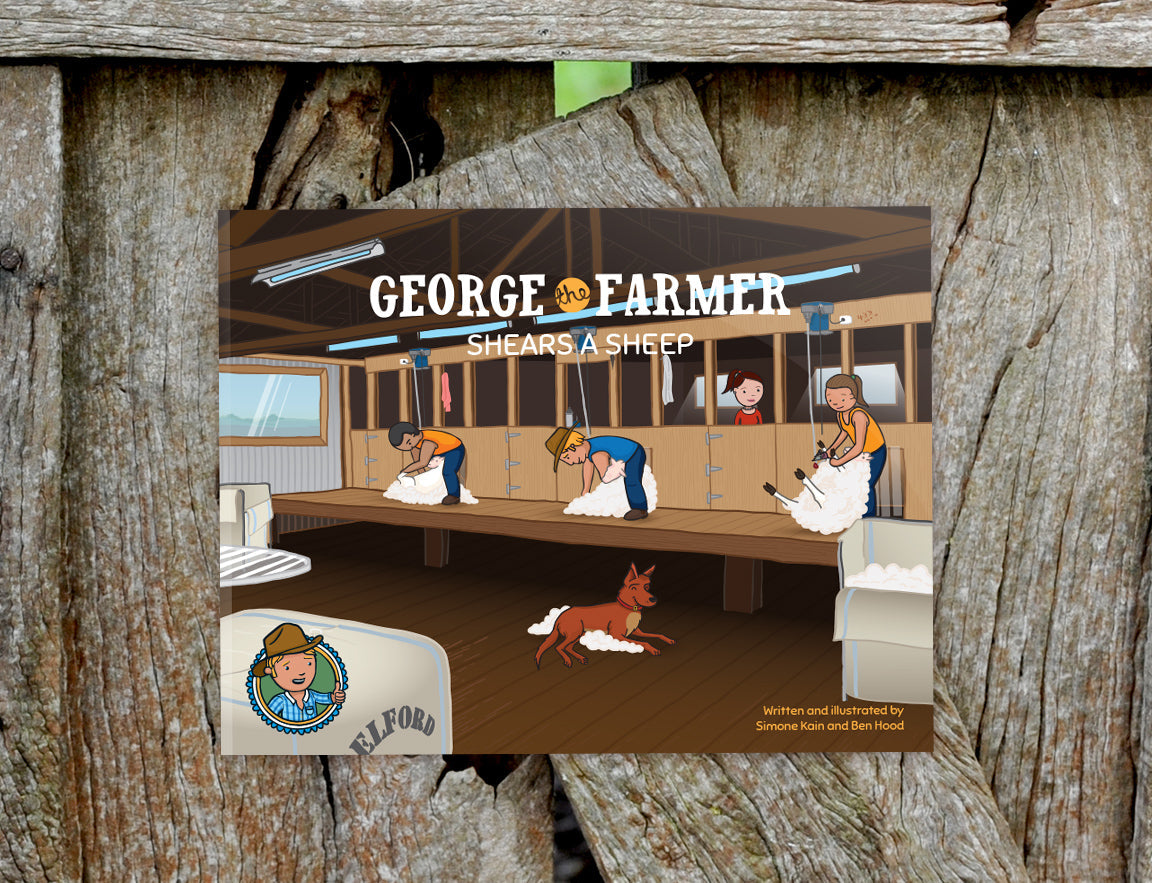 Cover of George the Farmer shearing a sheep with cartoon shearers and sheep in a wool shed