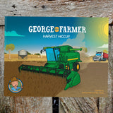 George the Farmer children's book Harvest Hiccup cover with green harvester and truck in field illustration