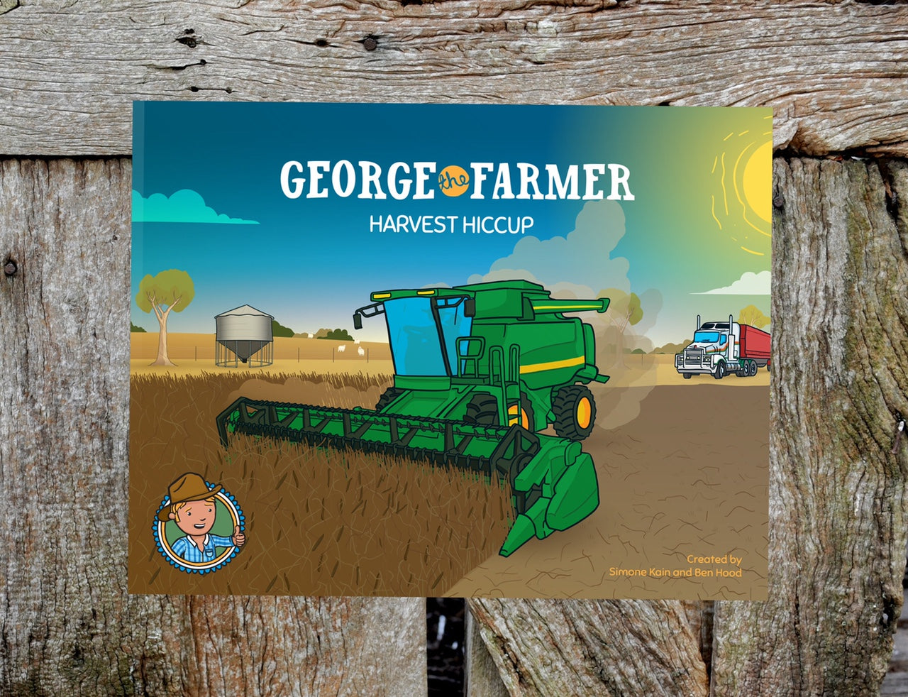 George the Farmer children's book Harvest Hiccup cover with green harvester and truck in field illustration
