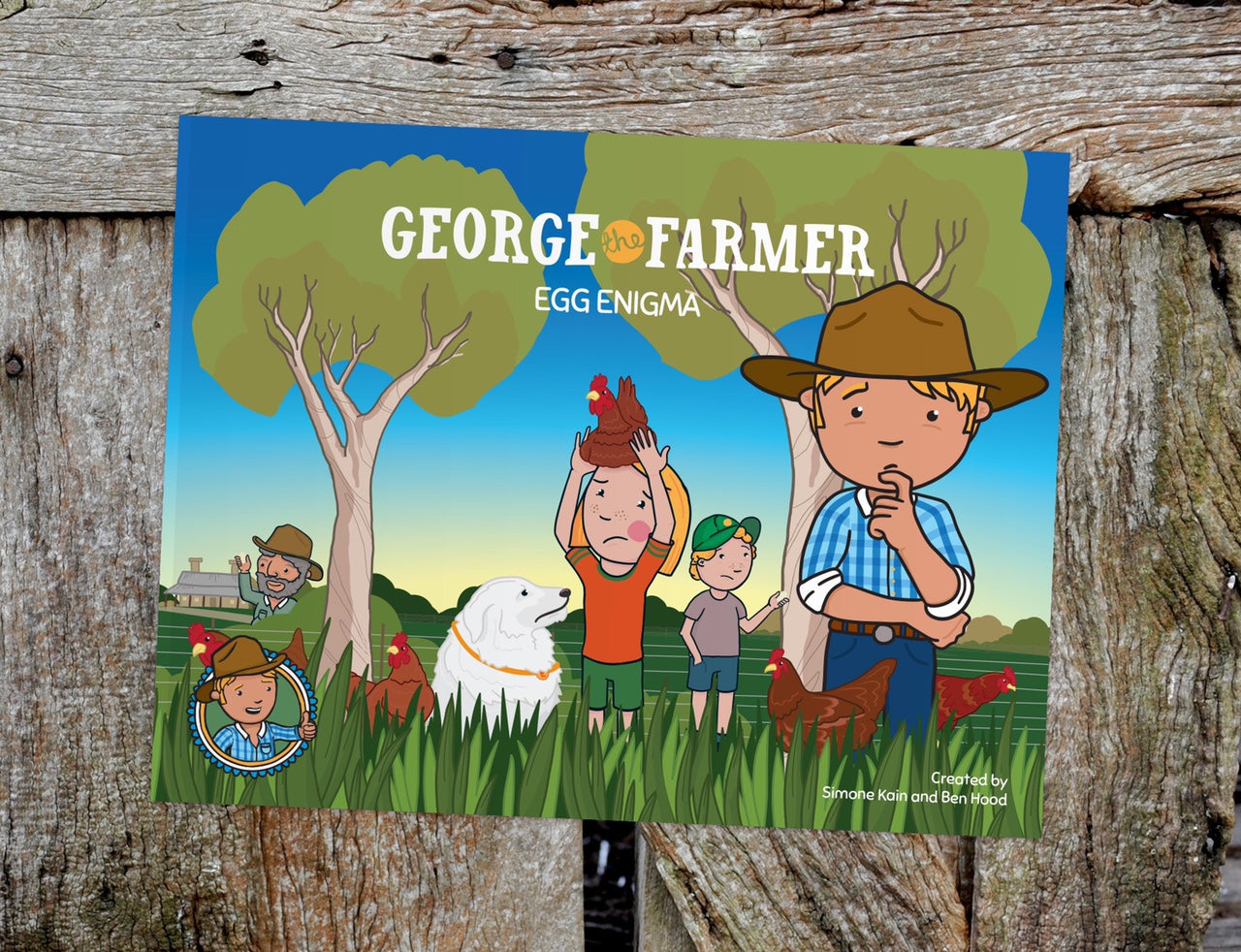 Cover of George the Farmer Egg Enigma children's book with cartoon farmer, kids, chickens, and a dog in a grassy farm setting