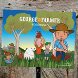 Cover of George the Farmer Egg Enigma children's book with cartoon farmer, kids, chickens, and a dog in a grassy farm setting